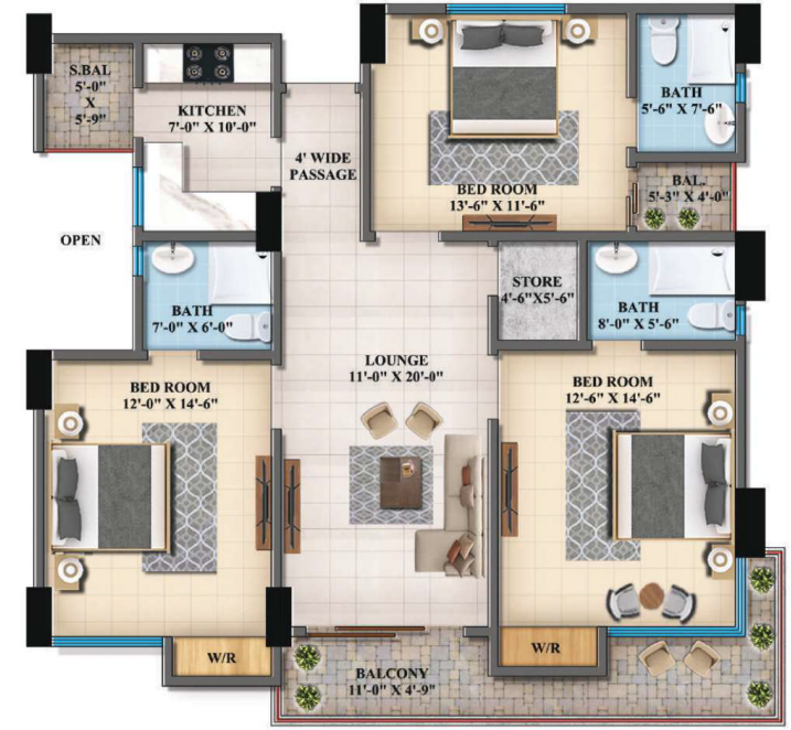 4 ROOMS - TYPE A 1424 SQ.FT Floor Plan