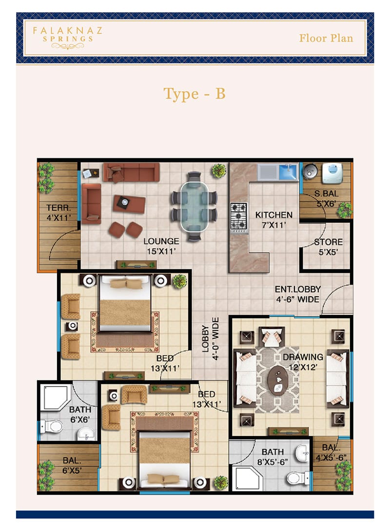 Falaknaz Springs 2 Bed Drawing Dining Floor Plan