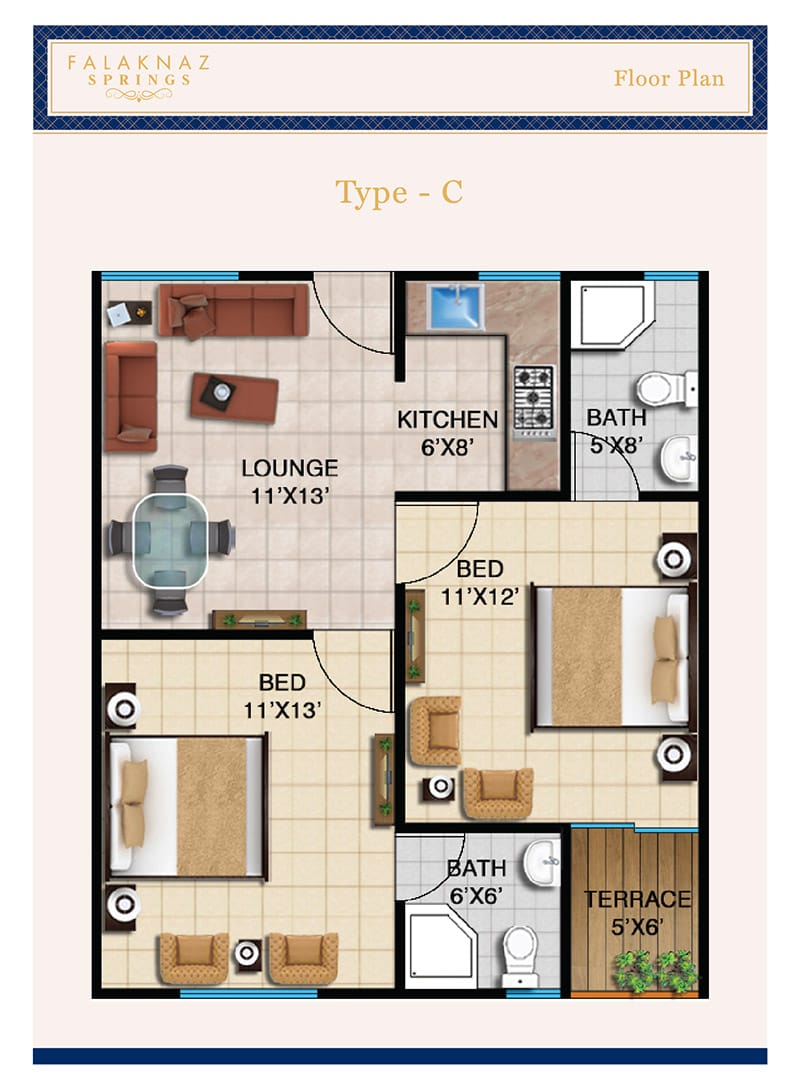 Falaknaz Springs 2 Bed Drawing Dining Floor-Plan